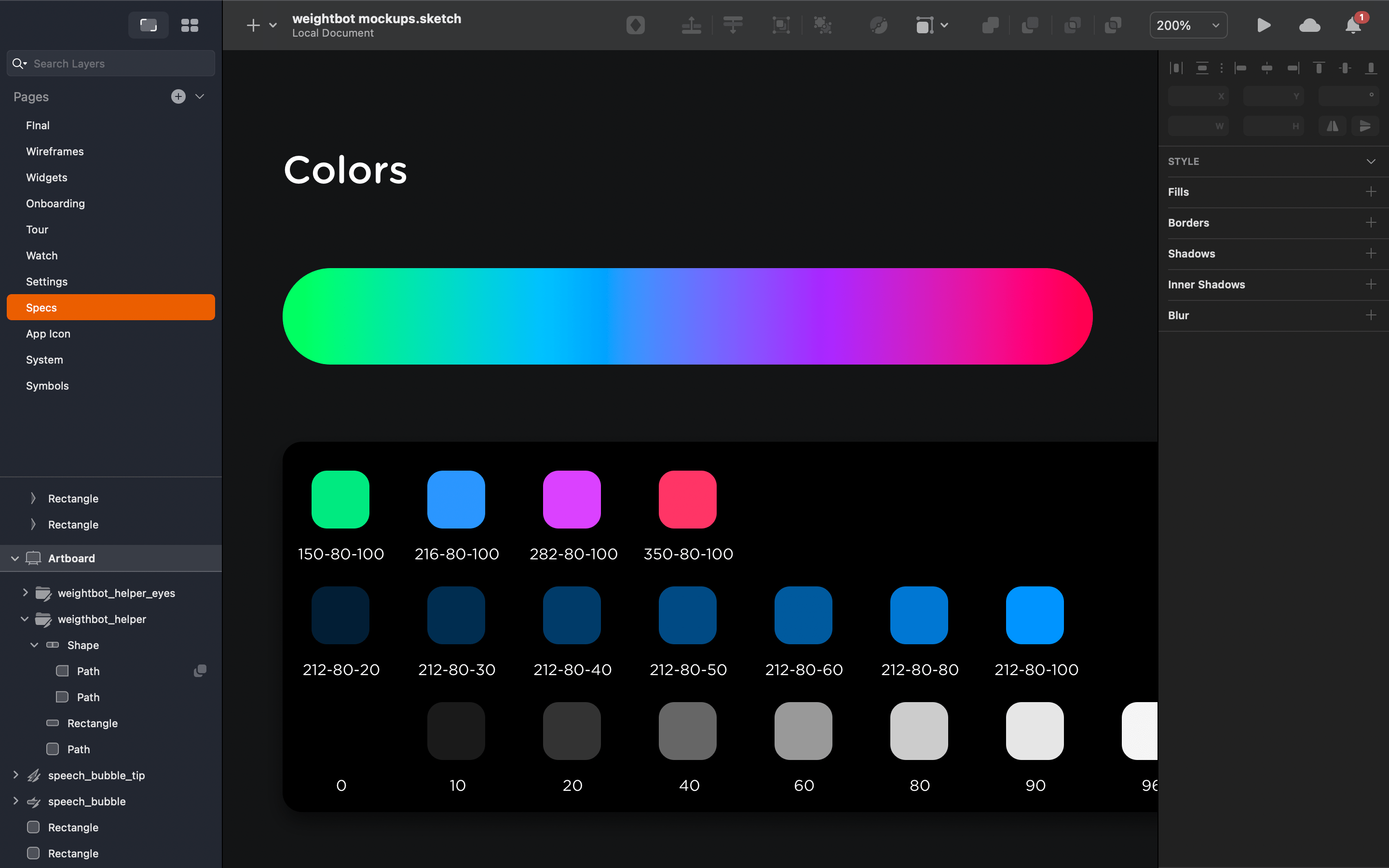 A screenshot showing how Mark organizes colors in his Sketch files.