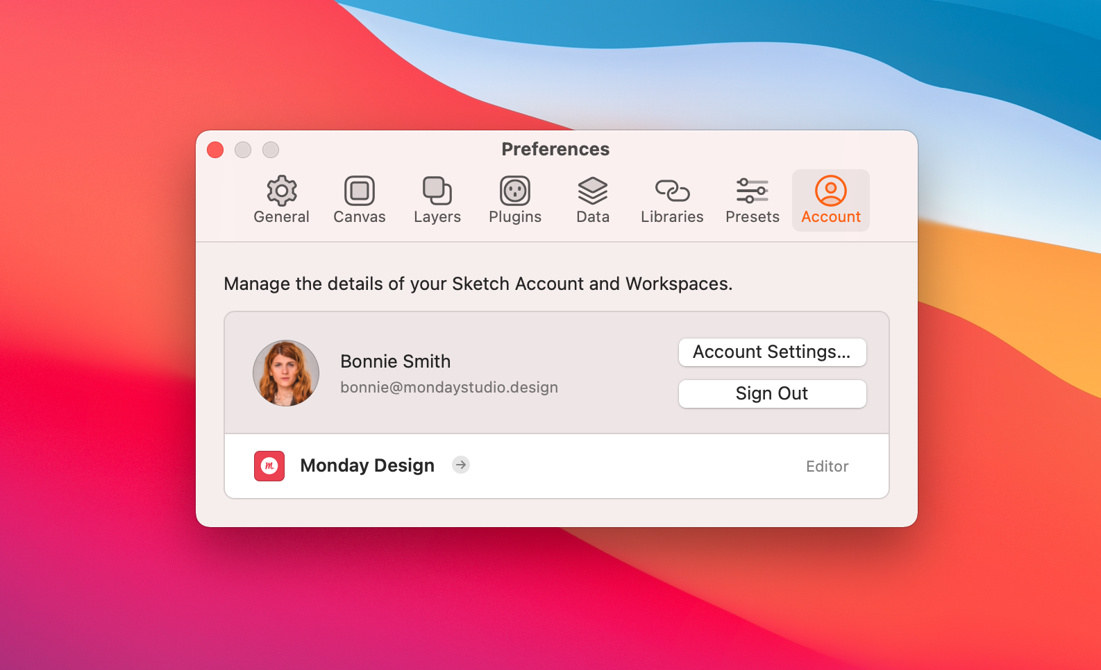 A screenshot showing the Account tab in the Preference Window in the Mac app.