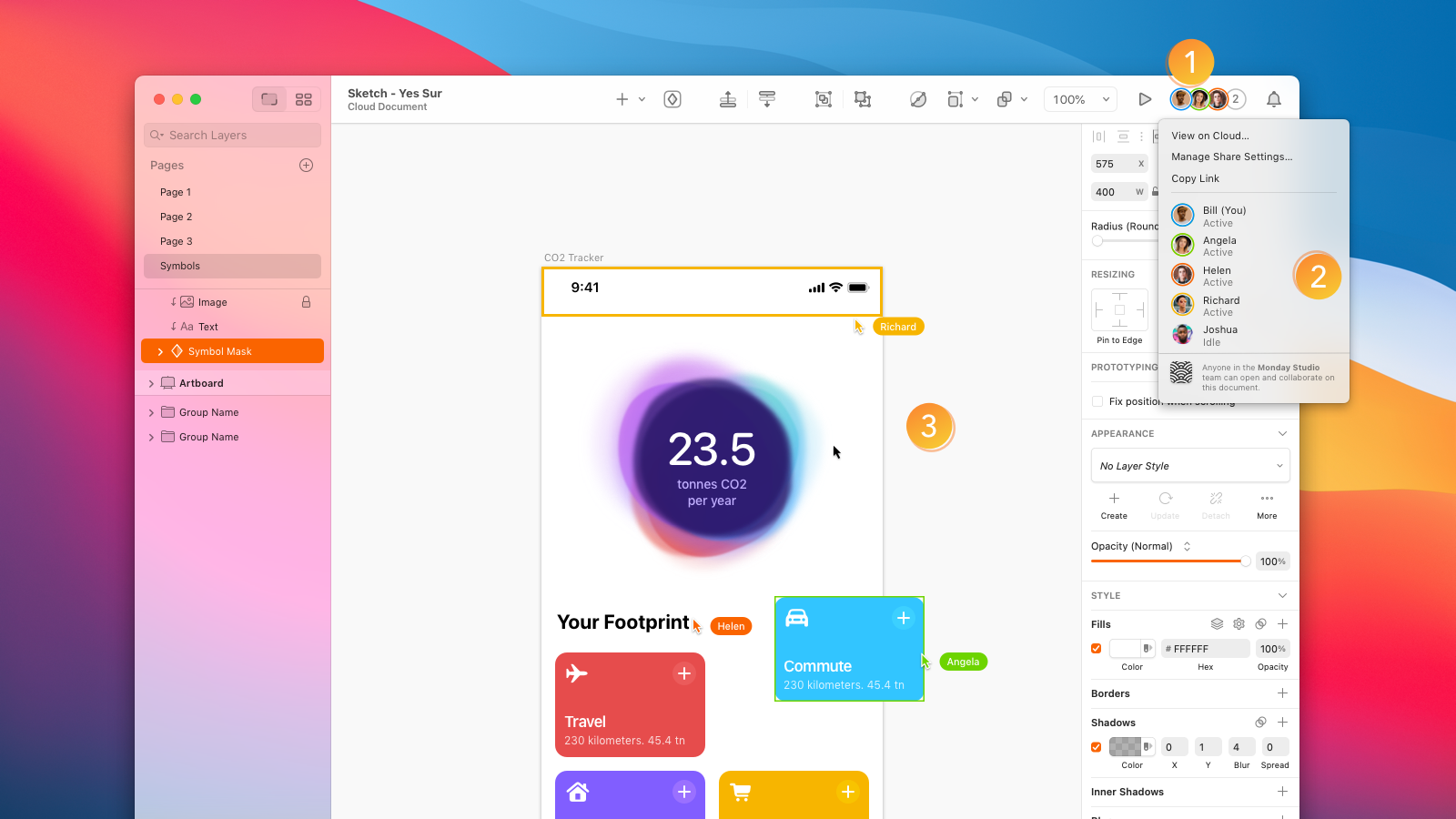 A screenshot showing the Collaboration menu open in a Sketch window, with colored cursors on the Canvas presenting collaborators.