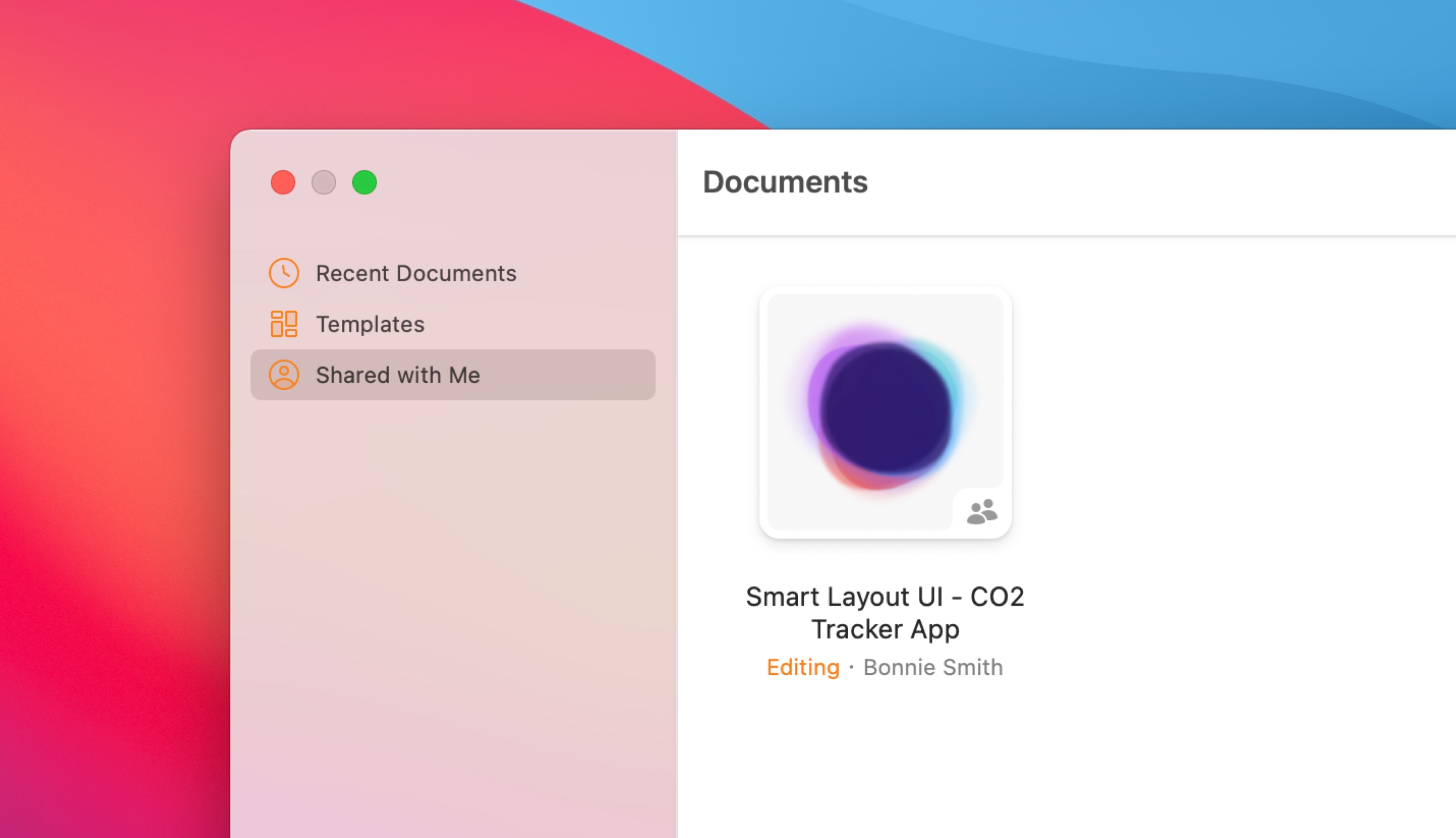 A screenshot showing the Shared with me tab in the Document Window in the Mac app and whos editing a document.