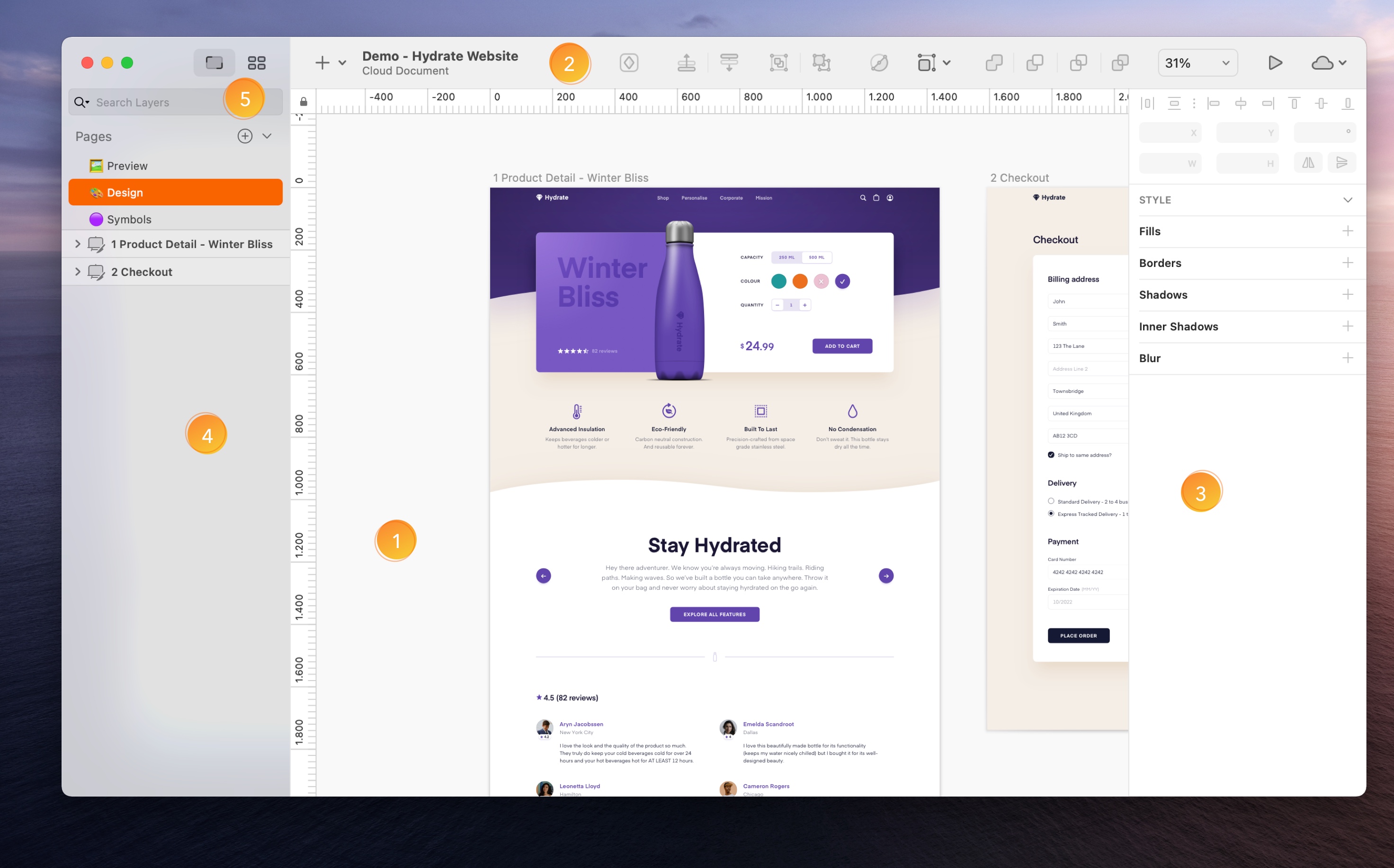 An annotated image showing the different parts of the Sketch interface.