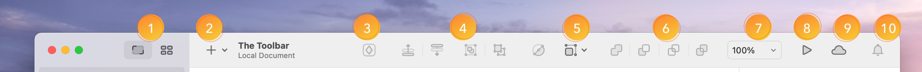 An annotated image showing the default toolbar options in Sketch.