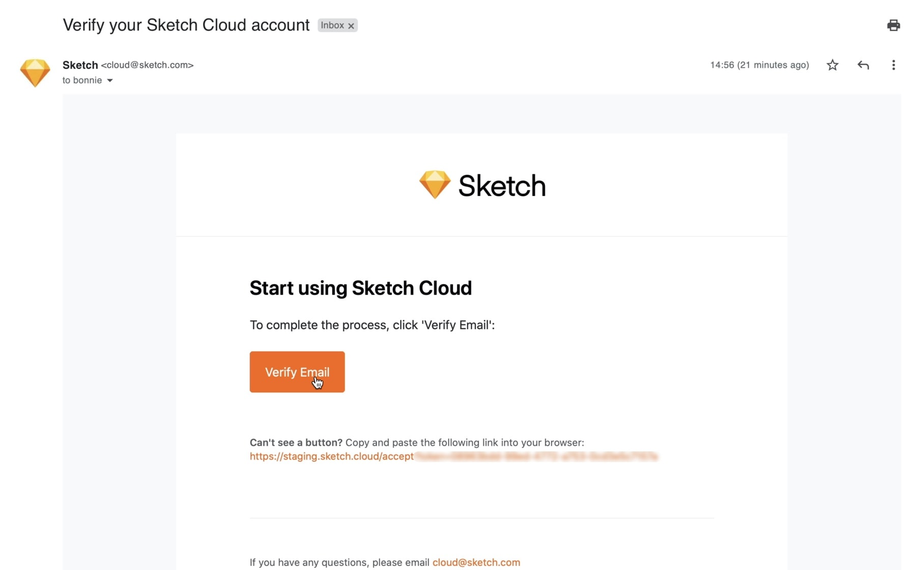 An image showing the verification step of signing up for a Sketch account.